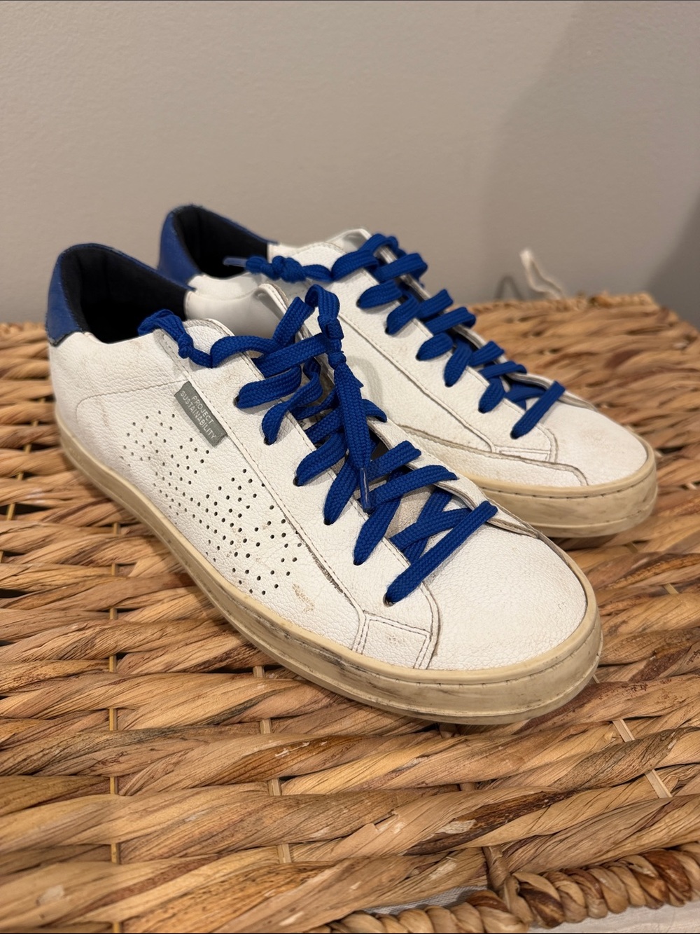 P448 White Leather Low-Top Sneakers with Blue Accents